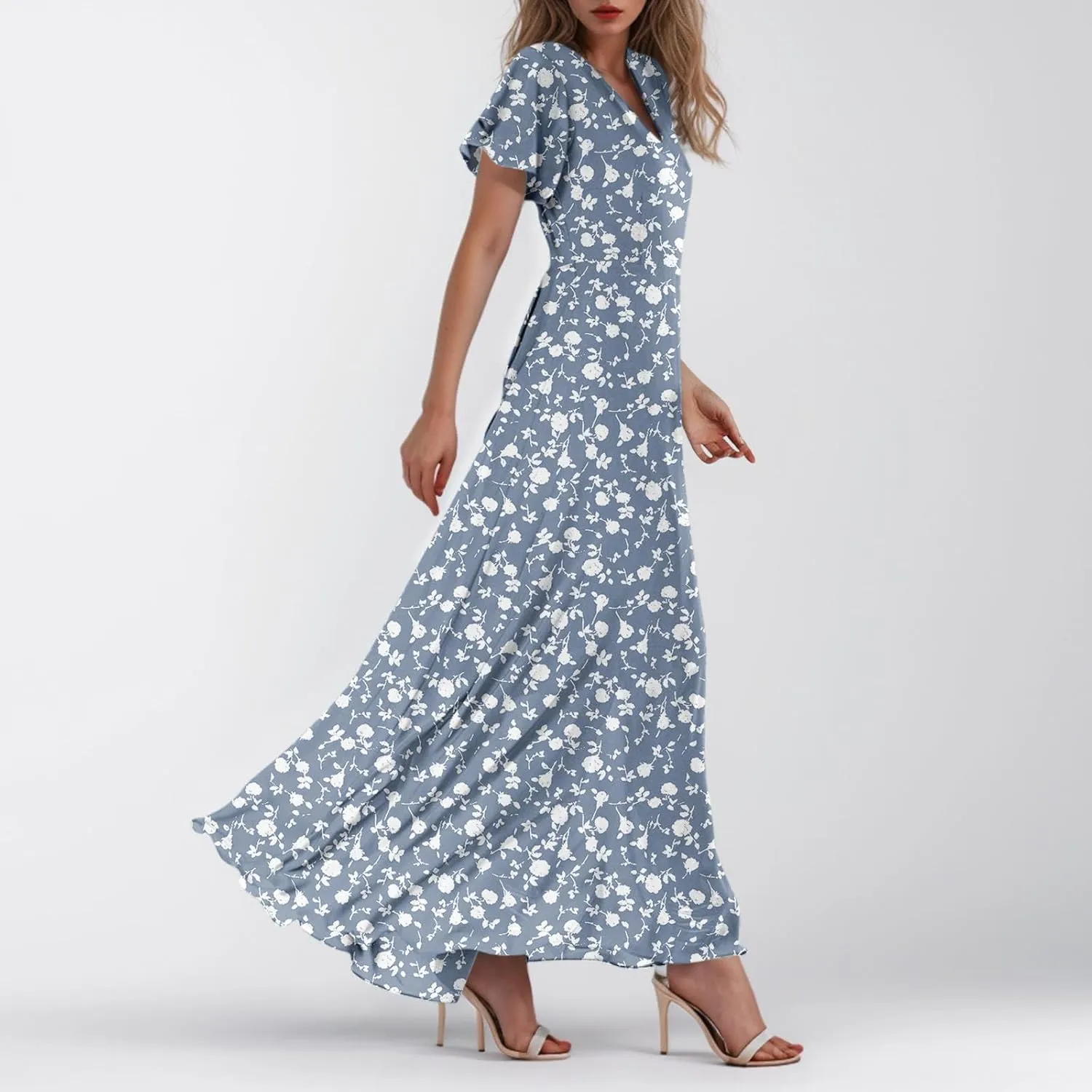 Dresses for Church Women 2025 Maxi Dress Summer Wrap Floral Ruffle Sleeve Chiffon Wedding Dress Boho