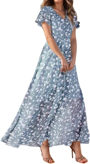 Dresses for Church Women 2025 Maxi Dress Summer Wrap Floral Ruffle Sleeve Chiffon Wedding Dress Boho