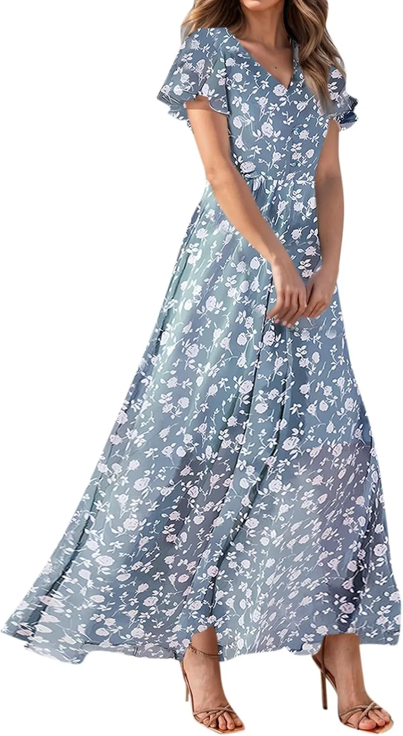 Dresses for Church Women 2025 Maxi Dress Summer Wrap Floral Ruffle Sleeve Chiffon Wedding Dress Boho