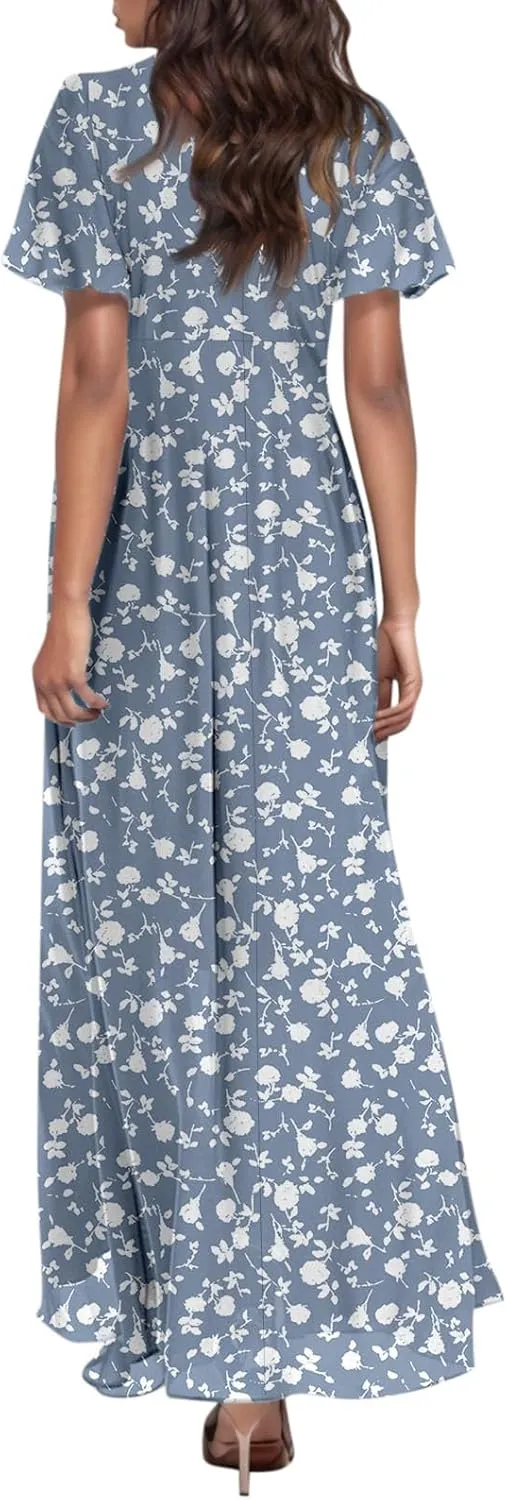 Dresses for Church Women 2025 Maxi Dress Summer Wrap Floral Ruffle Sleeve Chiffon Wedding Dress Boho