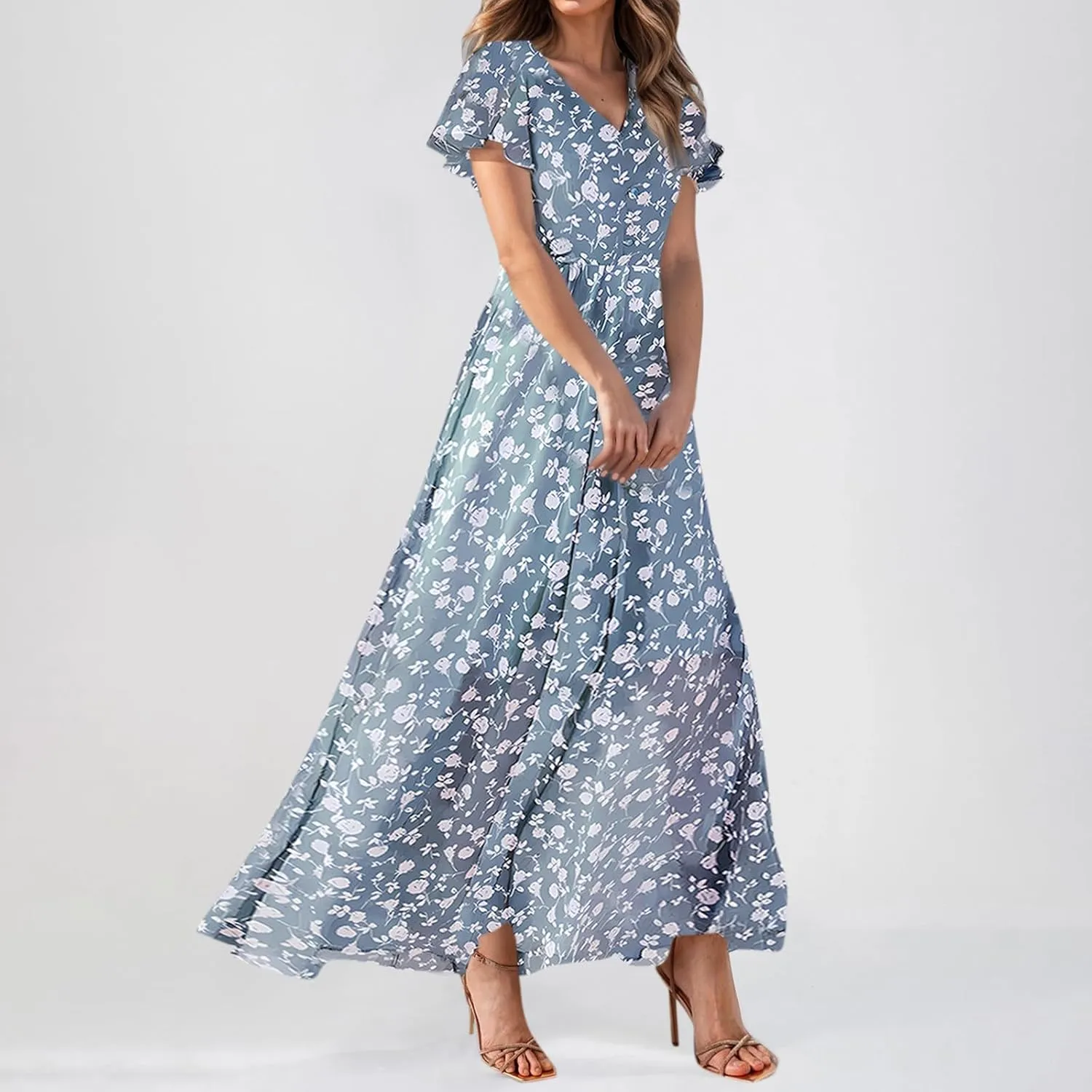 Dresses for Church Women 2025 Maxi Dress Summer Wrap Floral Ruffle Sleeve Chiffon Wedding Dress Boho