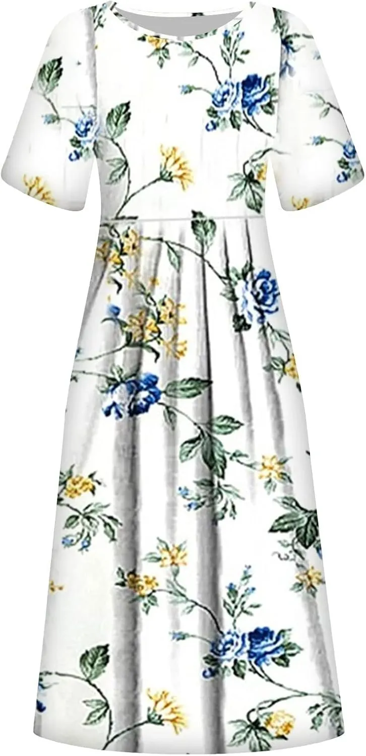 Dresses for Women 2023 Fashion High Waist Printed Short Sleeve Dress Casual Loose Round Neck Pleated Pocket Dress