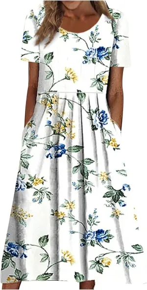 Dresses for Women 2023 Fashion High Waist Printed Short Sleeve Dress Casual Loose Round Neck Pleated Pocket Dress