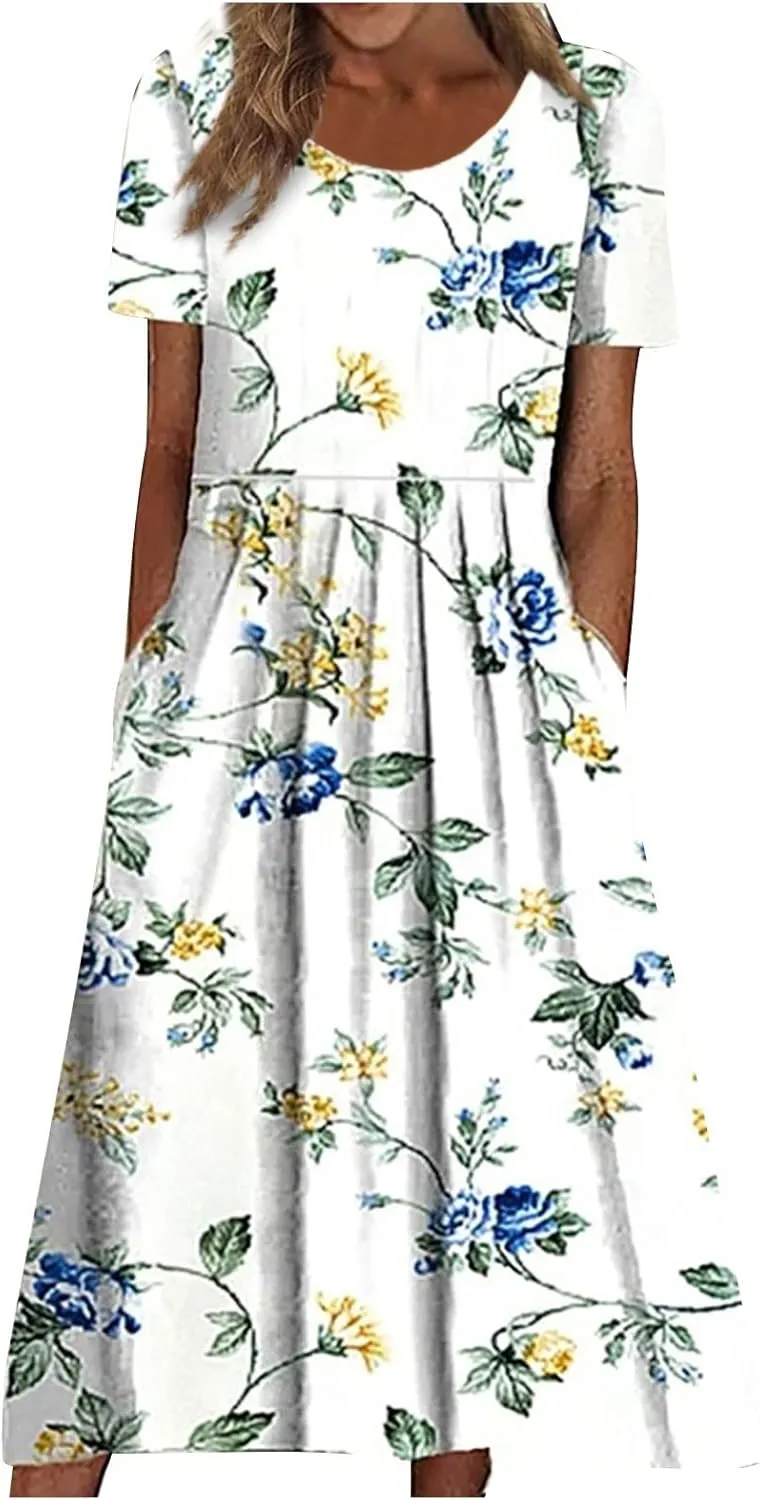 Dresses for Women 2023 Fashion High Waist Printed Short Sleeve Dress Casual Loose Round Neck Pleated Pocket Dress