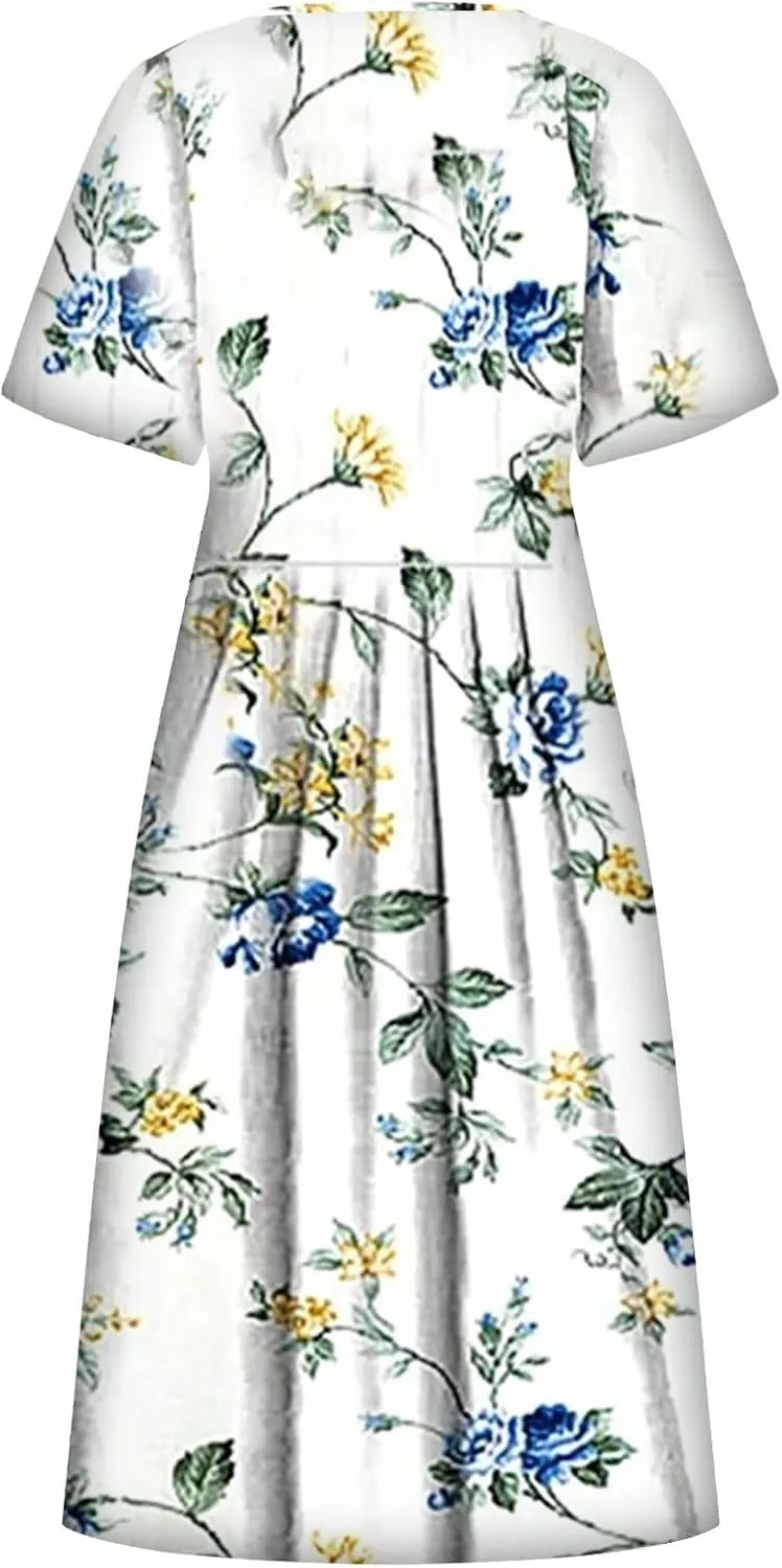 Dresses for Women 2023 Fashion High Waist Printed Short Sleeve Dress Casual Loose Round Neck Pleated Pocket Dress