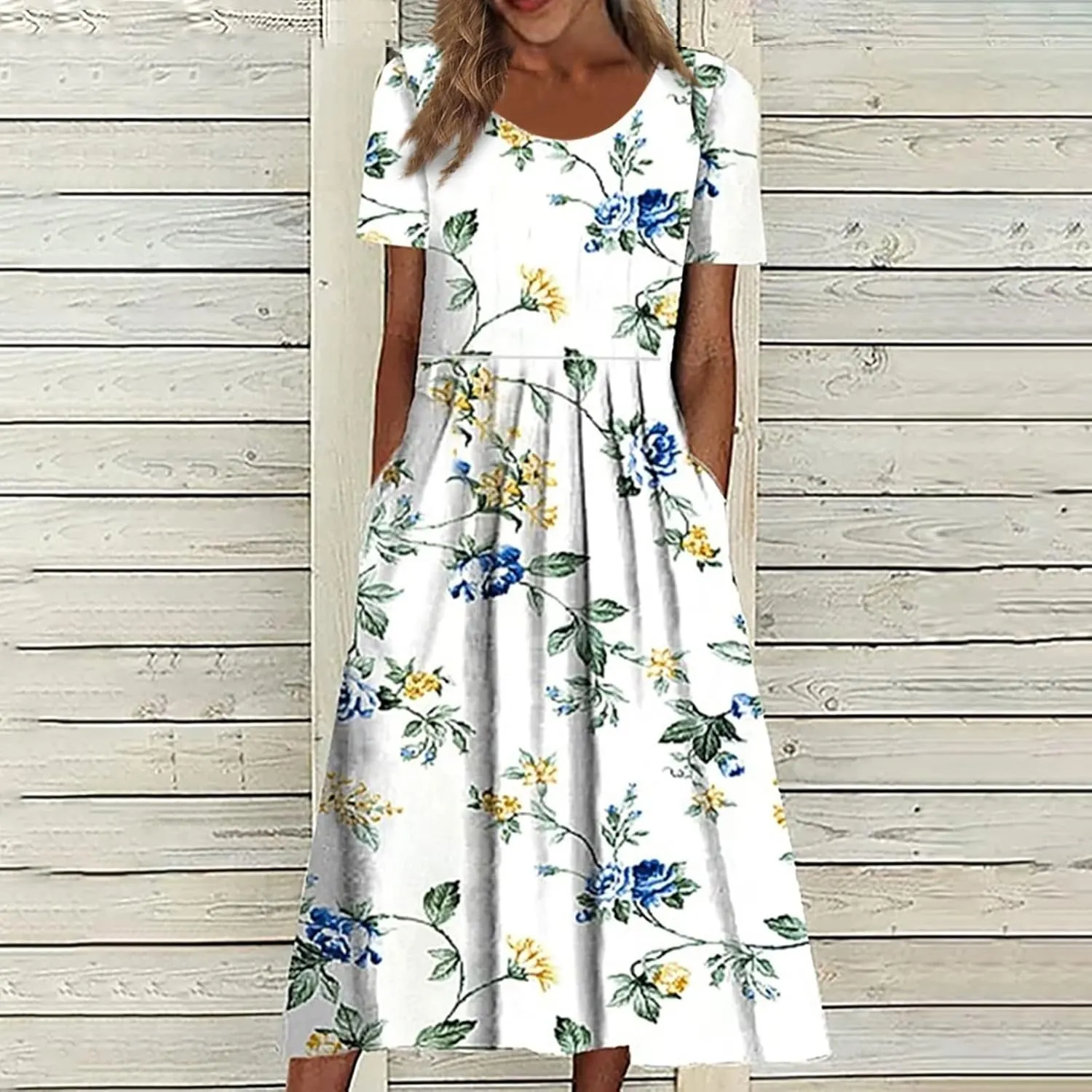 Dresses for Women 2023 Fashion High Waist Printed Short Sleeve Dress Casual Loose Round Neck Pleated Pocket Dress