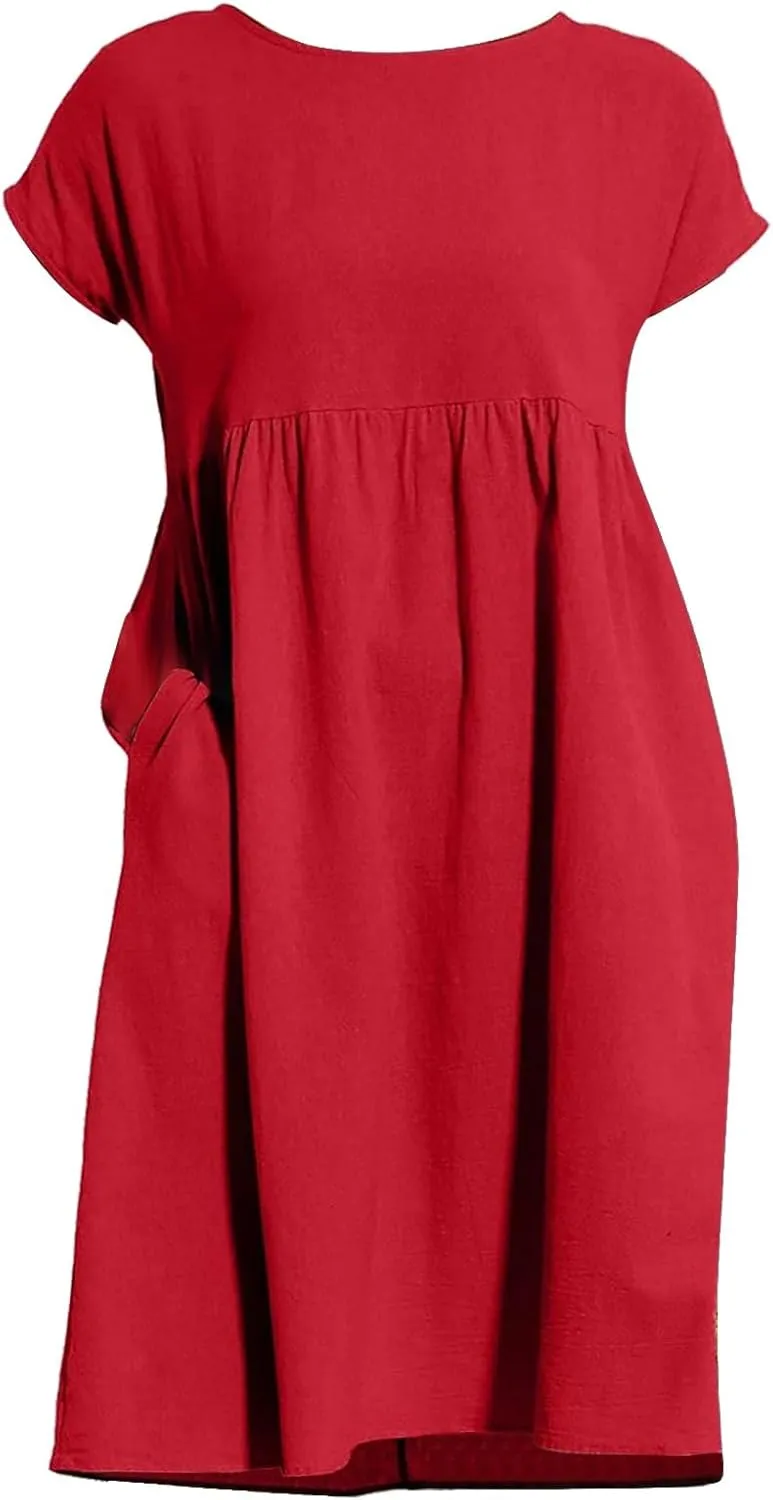 Dresses for Women 2024 Summer Plus Size Short Sleeves Cotton Linen Midi Dress Trendy Casual Loose Beach Sundress