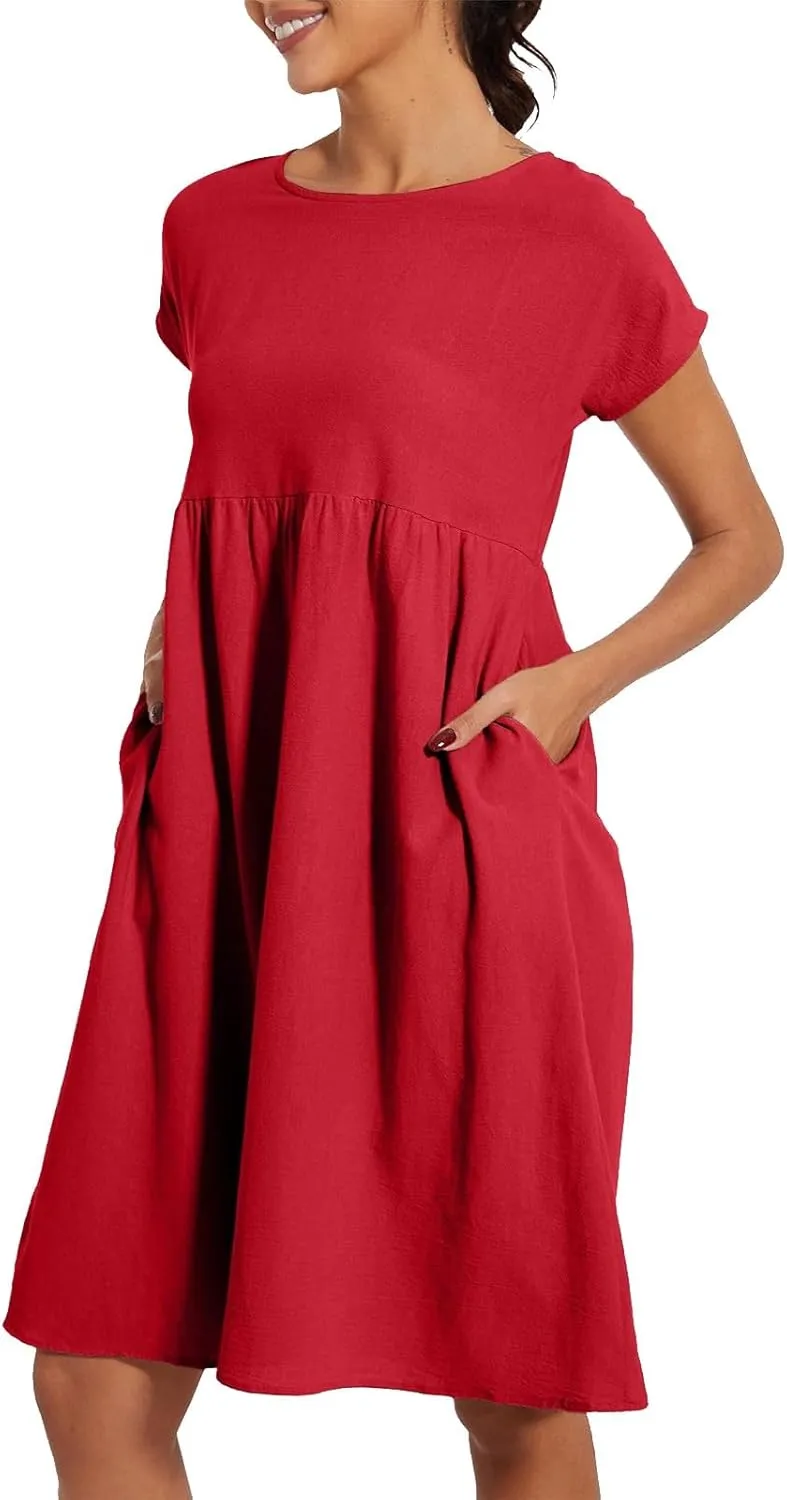 Dresses for Women 2024 Summer Plus Size Short Sleeves Cotton Linen Midi Dress Trendy Casual Loose Beach Sundress