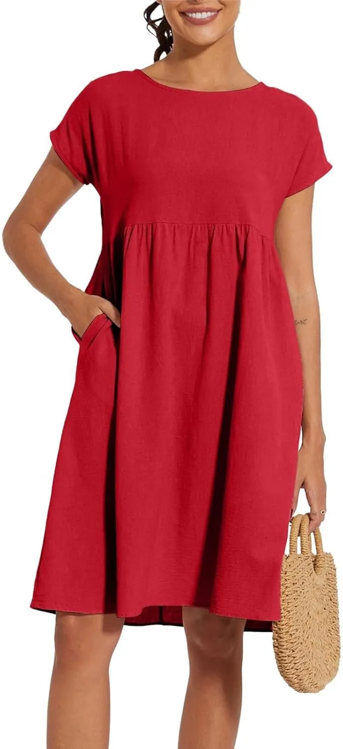 Dresses for Women 2024 Summer Plus Size Short Sleeves Cotton Linen Midi Dress Trendy Casual Loose Beach Sundress