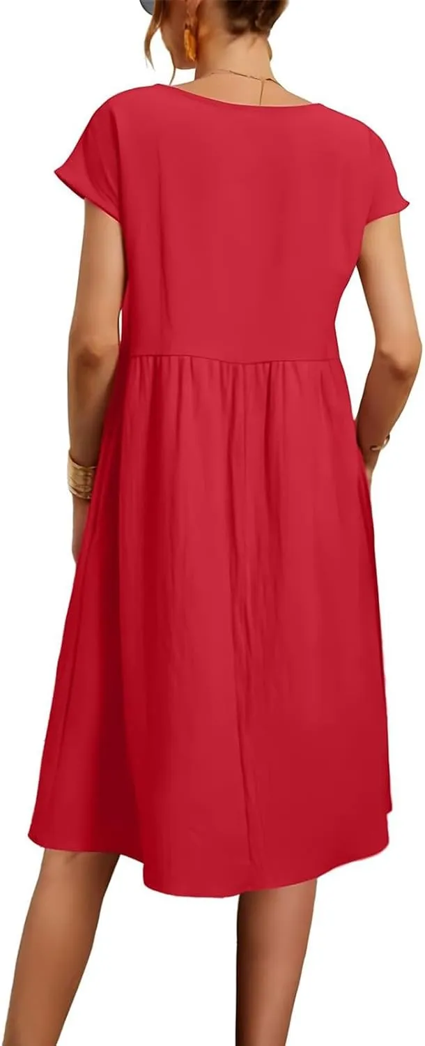 Dresses for Women 2024 Summer Plus Size Short Sleeves Cotton Linen Midi Dress Trendy Casual Loose Beach Sundress