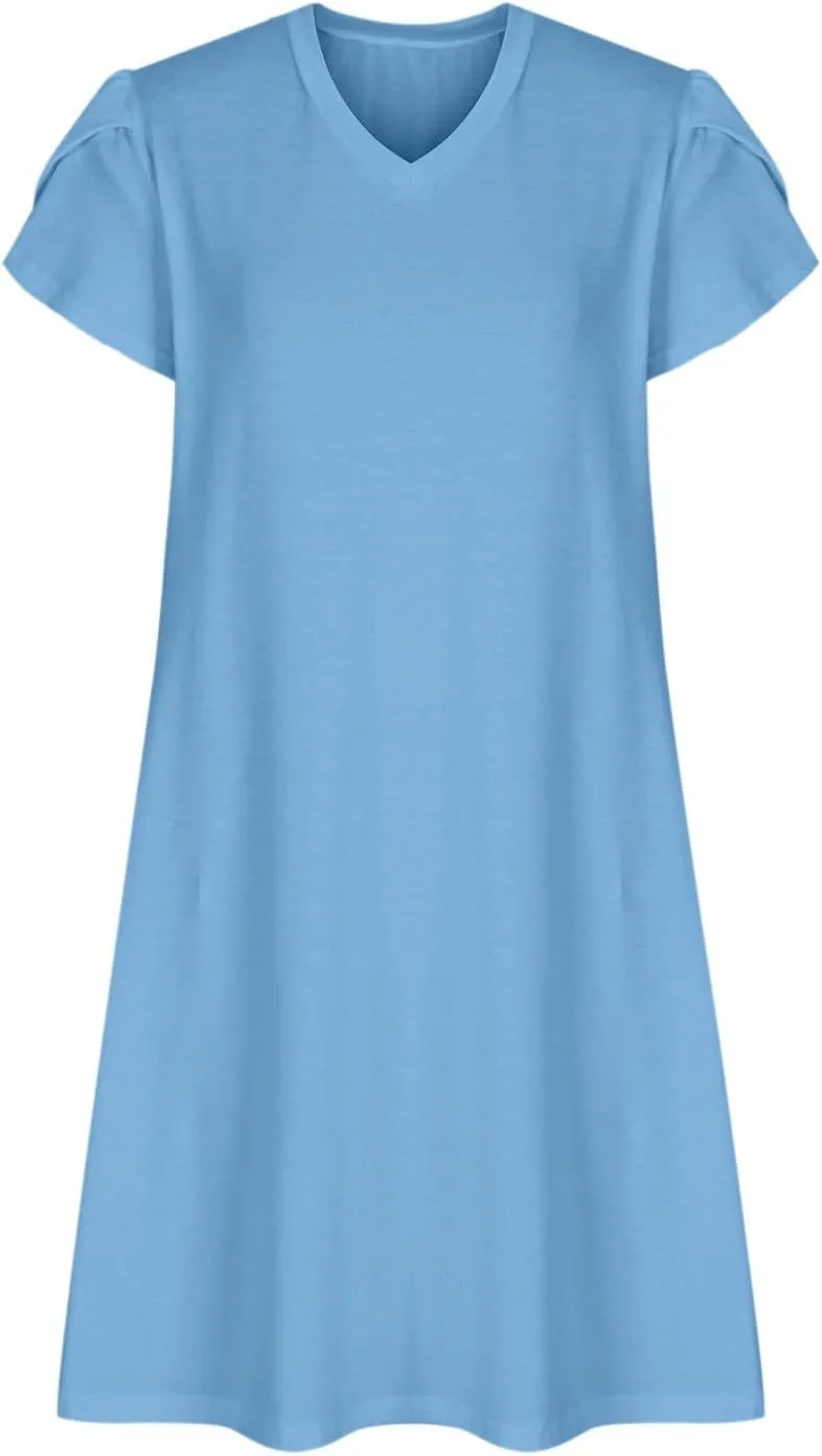 Dresses for Women 2025 Boho Vacation Beach Dress V Neck A Line Dress Loose Flowy Petal Sleeve Midi Dress with Pockets
