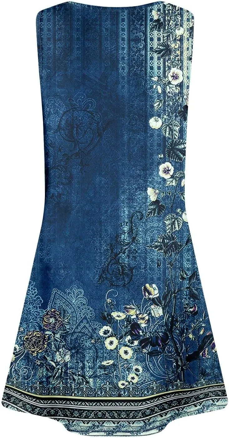Dresses for Women Casual Summer Boho Beach Dress Loose V Neck Sleeveless Sundresses Swimsuit Coverup with Pockets