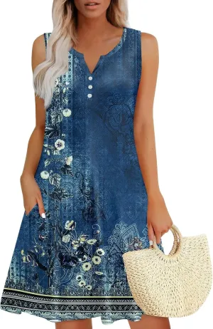 Dresses for Women Casual Summer Boho Beach Dress Loose V Neck Sleeveless Sundresses Swimsuit Coverup with Pockets