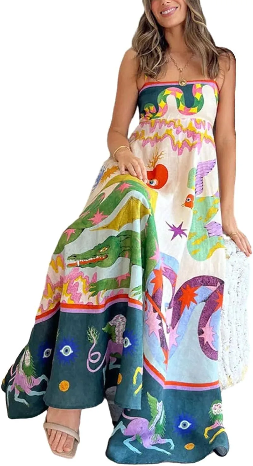 Dresses for Women Cute Print Maxi Cami Dress Loose Sleeveless Spaghetti Strap Boho Dress Vacation Beach Dresses
