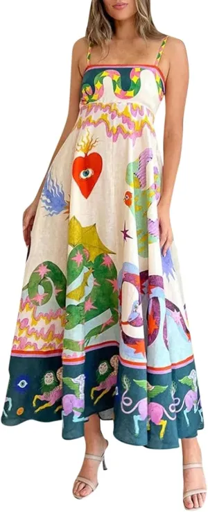 Dresses for Women Cute Print Maxi Cami Dress Loose Sleeveless Spaghetti Strap Boho Dress Vacation Beach Dresses