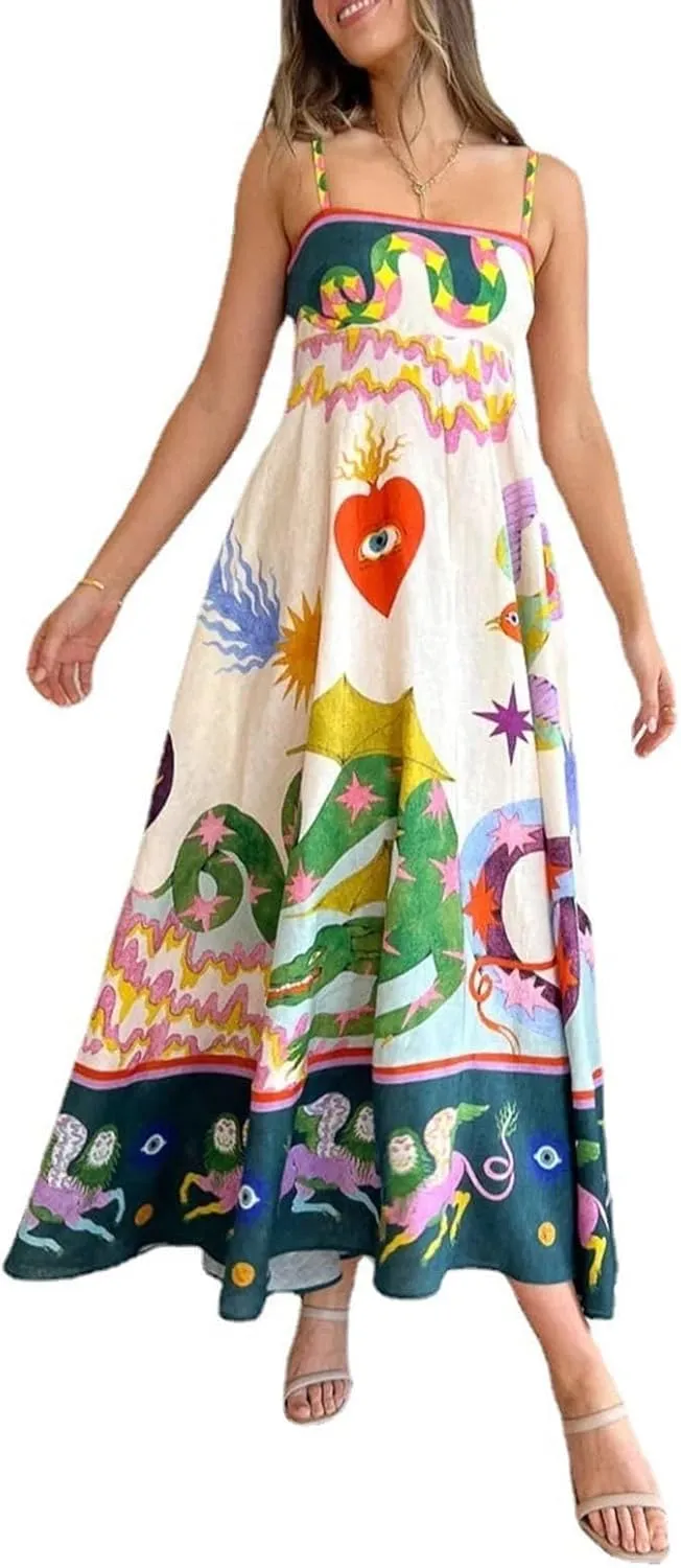 Dresses for Women Cute Print Maxi Cami Dress Loose Sleeveless Spaghetti Strap Boho Dress Vacation Beach Dresses