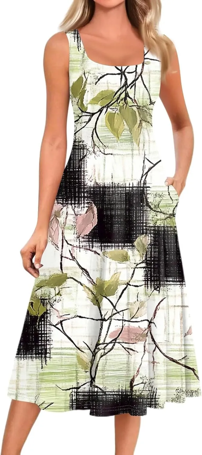 Dresses for Women Midi A Line Dress Sleeveless Casual Flowy Beach Long Sundress with Pockets 2025 Vacation Travel