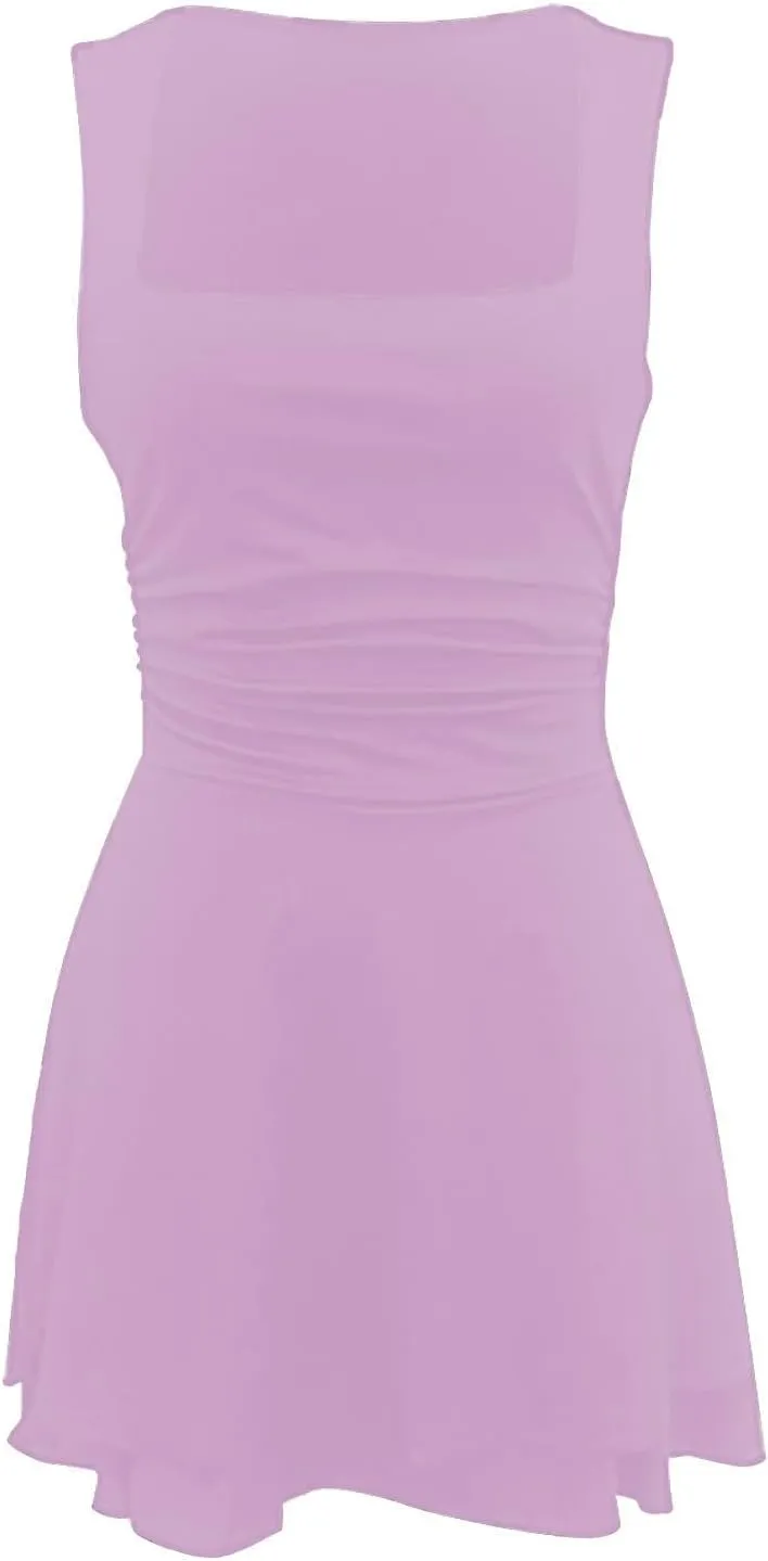 Dresses for Women Sexy Low Cut Square Neck Sleeveless Ruched Waist Ruffle Tiered Layered Flowy A Line Short Mini Dress