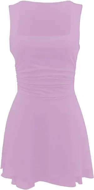 Dresses for Women Sexy Low Cut Square Neck Sleeveless Ruched Waist Ruffle Tiered Layered Flowy A Line Short Mini Dress