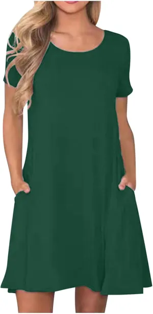 Dresses for Women Simple Solid Color Short Sleeve Sundresses Crewneck Loose Casual Vacation Summer Dresses