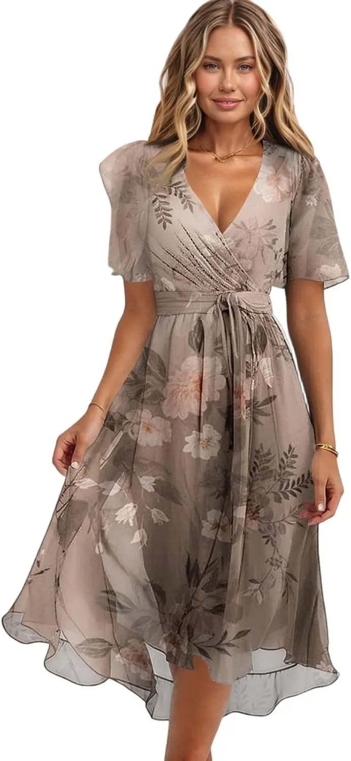 Dresses for Women,Chiffon Sexy Midi Dresses Short Sleeve Flowy Wrap Wedding Guest Womens Summer Dress Cocktail Prom