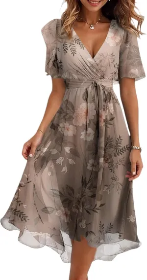 Dresses for Women,Chiffon Sexy Midi Dresses Short Sleeve Flowy Wrap Wedding Guest Womens Summer Dress Cocktail Prom