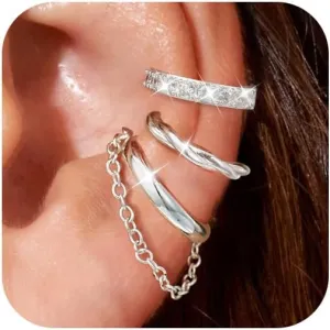Ear Cuff Earrings for Women Non Piercing: 14k Gold/Silver Plated Clip on Earrings Stacks Fake Helix Cartilage Earrings Hypoallergenic Cubic Zirconia Cuff Chain Earrings for Non Pierced Ears