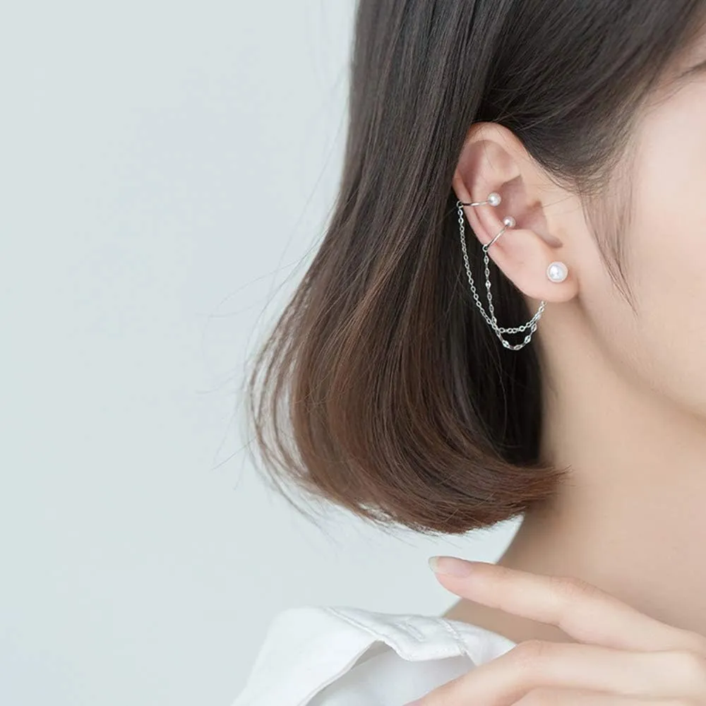 Earrings for women trendythreader dangle stud earringsS925 Silver Dainty Pearl Ear Cuff Wrap Stud Earrings Tassel Threader Long Chain Ear Jackets Cartilage Clip On Cuffs Ear Ring Jewelry