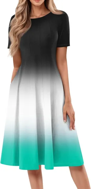 Easter Dress for Women Short Sleeve Casual Flowy Trendy Vacation Midi Dress Crewneck Beach Long Sundresses Summer