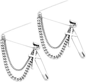 Elegant Cross Pendant Brooch Pins 2pcs Safety Pin Long Chain Collar Brooches for Women Punk
