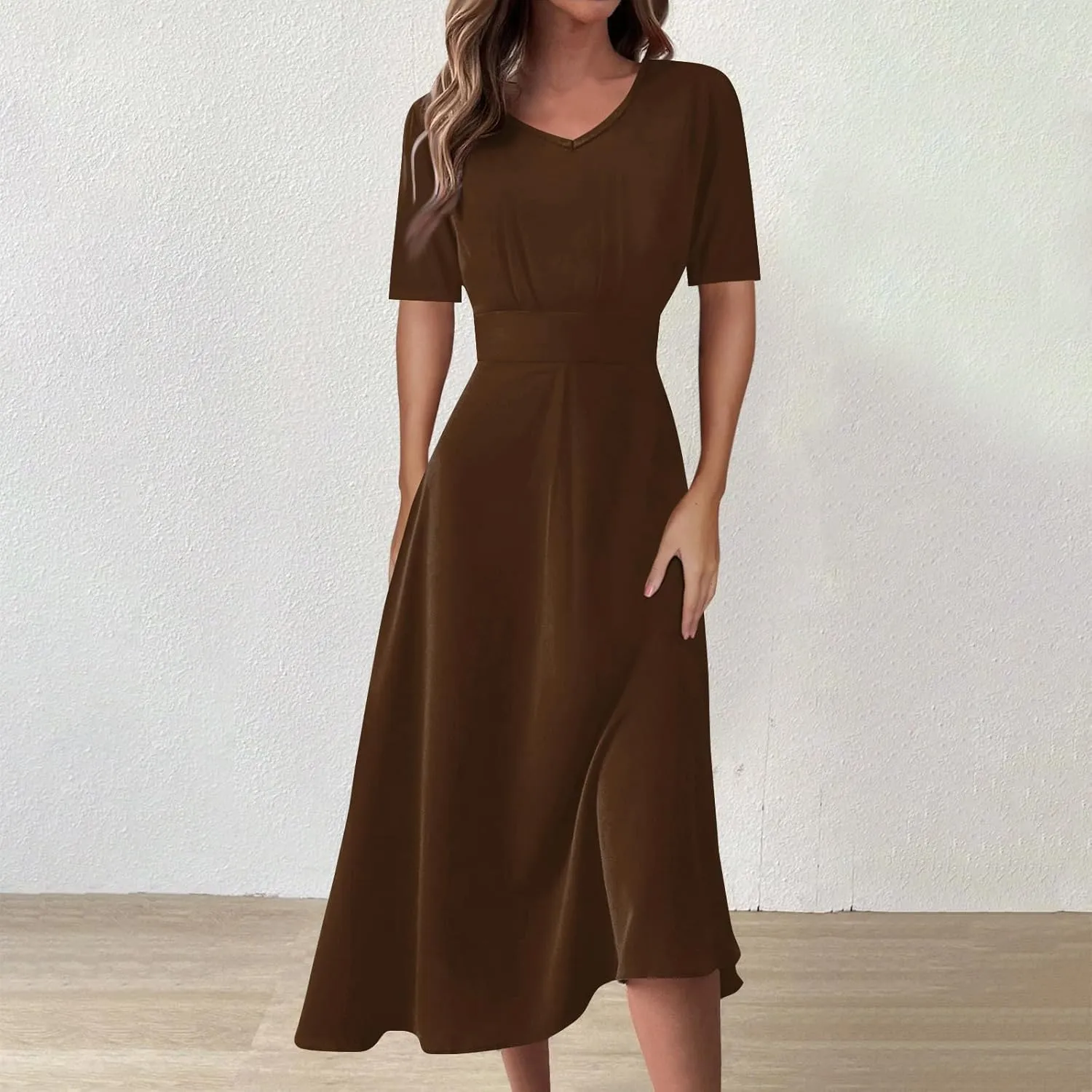 Elegant Formal Short Sleeve Midi Dress Trendy Sexy V Neck Ruched Flowy Party Dress Casual Swing Floral A Line Dress