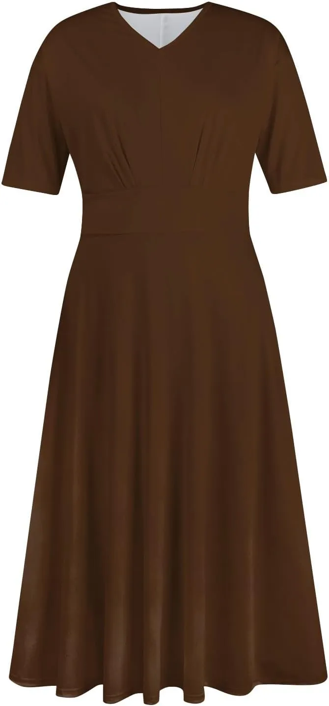 Elegant Formal Short Sleeve Midi Dress Trendy Sexy V Neck Ruched Flowy Party Dress Casual Swing Floral A Line Dress