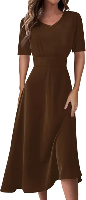 Elegant Formal Short Sleeve Midi Dress Trendy Sexy V Neck Ruched Flowy Party Dress Casual Swing Floral A Line Dress