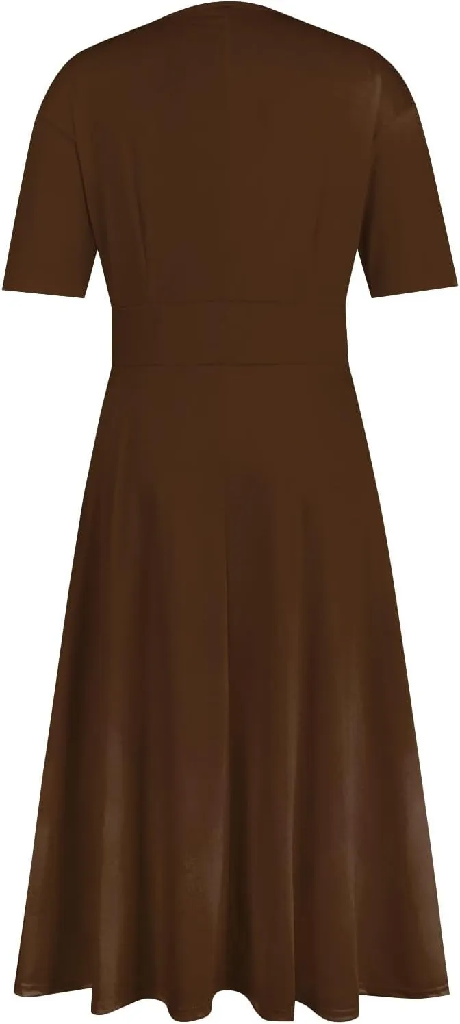 Elegant Formal Short Sleeve Midi Dress Trendy Sexy V Neck Ruched Flowy Party Dress Casual Swing Floral A Line Dress