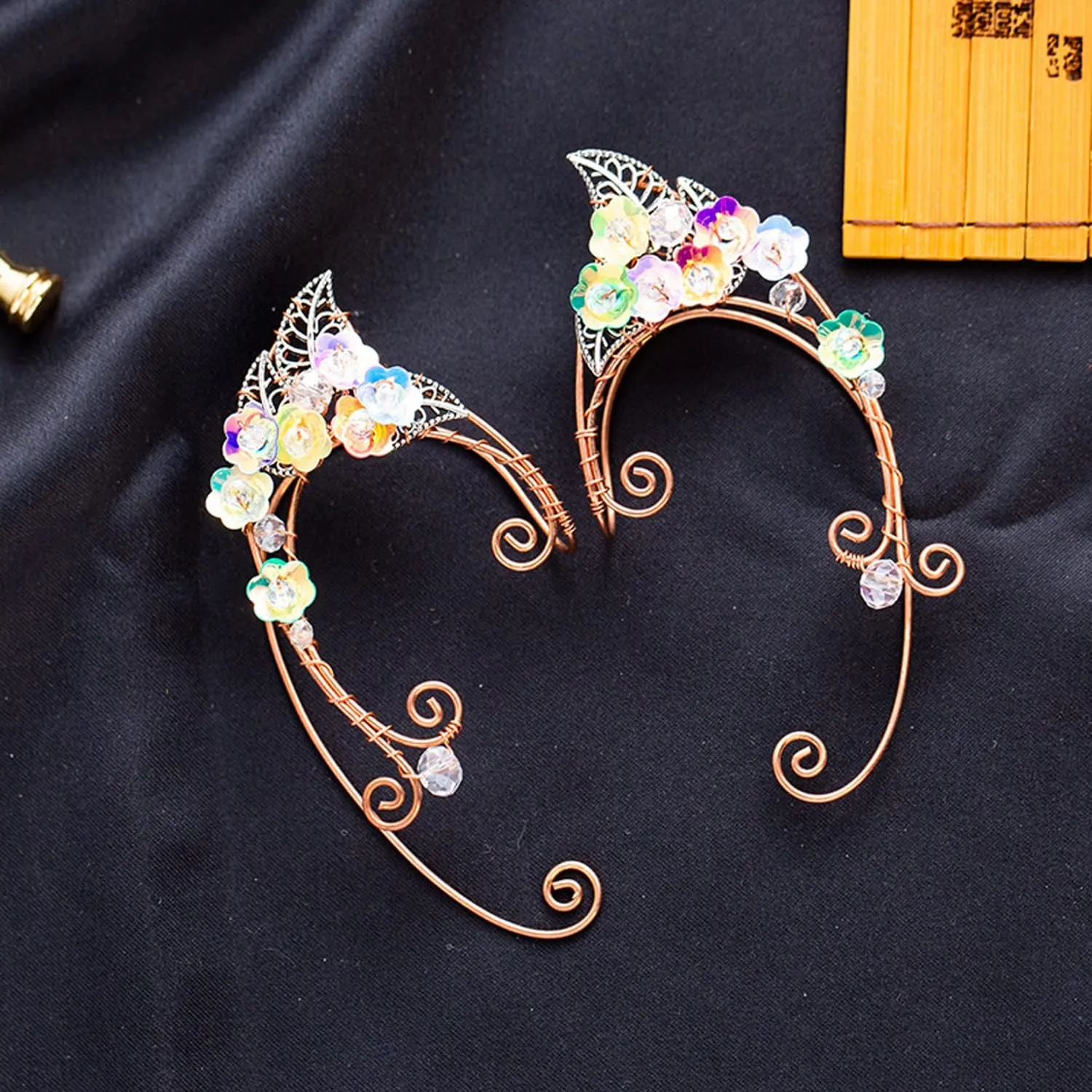 Elf Ear Cuffs, OwMell Handcraft Silver Pointed Fairy Elven Cosplay Fantasy Costume Bridal Wedding Earrings for Non Pierced Ears