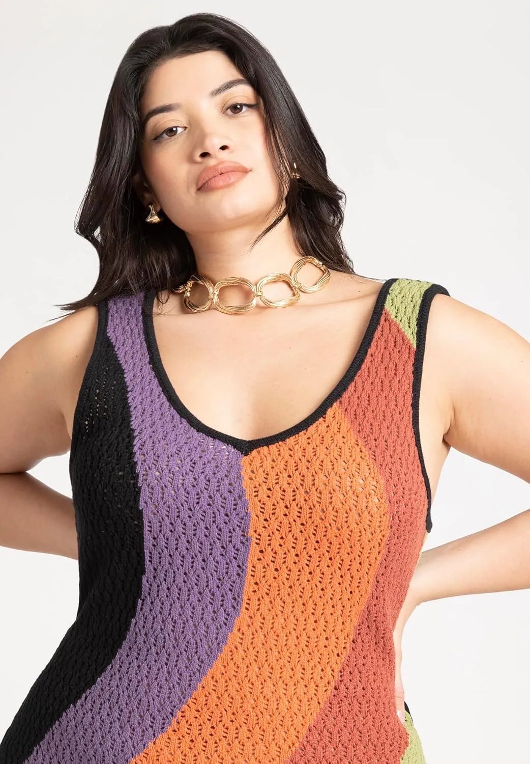 ELOQUII Women's Plus Size Crochet Knit Sleeveless Cover Up Midi Dress