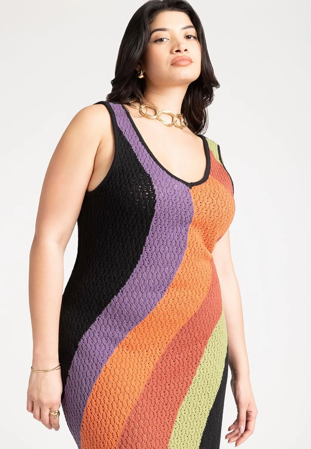 ELOQUII Women's Plus Size Crochet Knit Sleeveless Cover Up Midi Dress