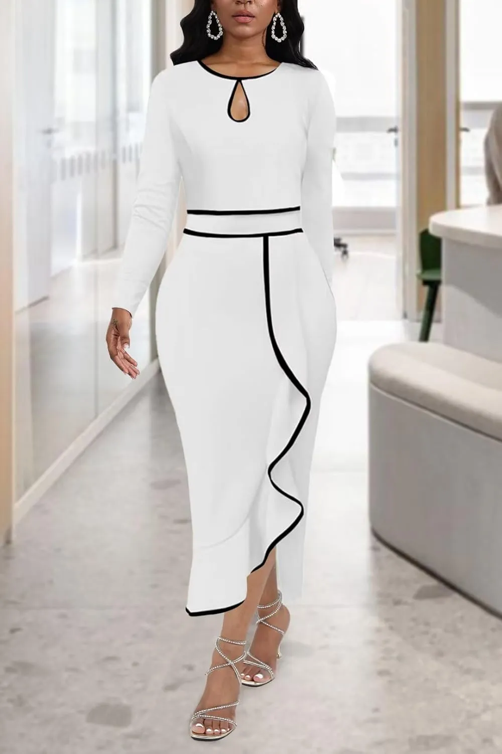 ENOPINK Women's Summer Church Dresses Long Sleeve Bodycon Pencil Dress Crew Neck Peplum Vintage Dress
