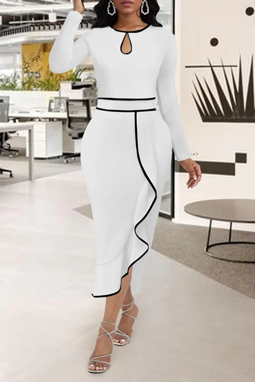 ENOPINK Women's Summer Church Dresses Long Sleeve Bodycon Pencil Dress Crew Neck Peplum Vintage Dress