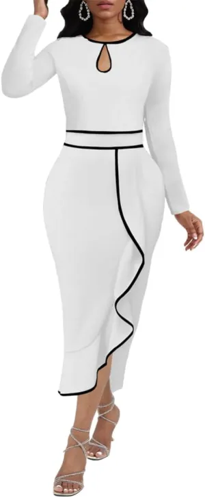 ENOPINK Women's Summer Church Dresses Long Sleeve Bodycon Pencil Dress Crew Neck Peplum Vintage Dress