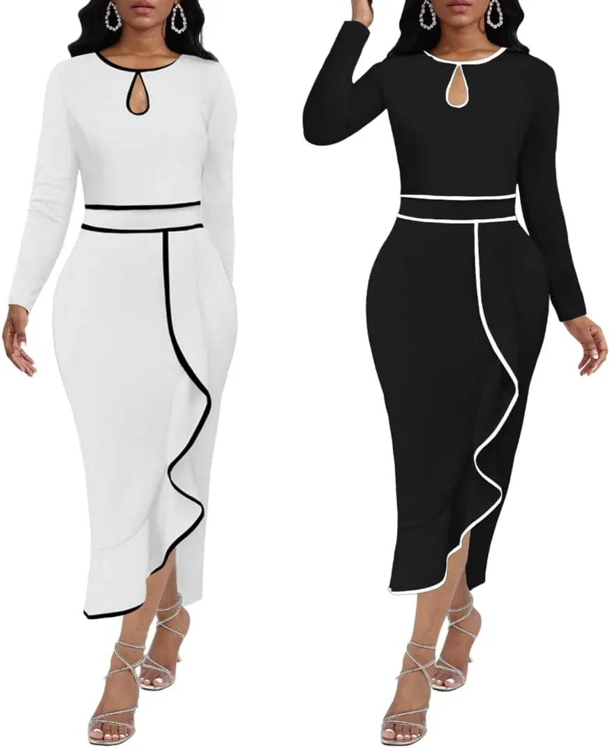 ENOPINK Women's Summer Church Dresses Long Sleeve Bodycon Pencil Dress Crew Neck Peplum Vintage Dress