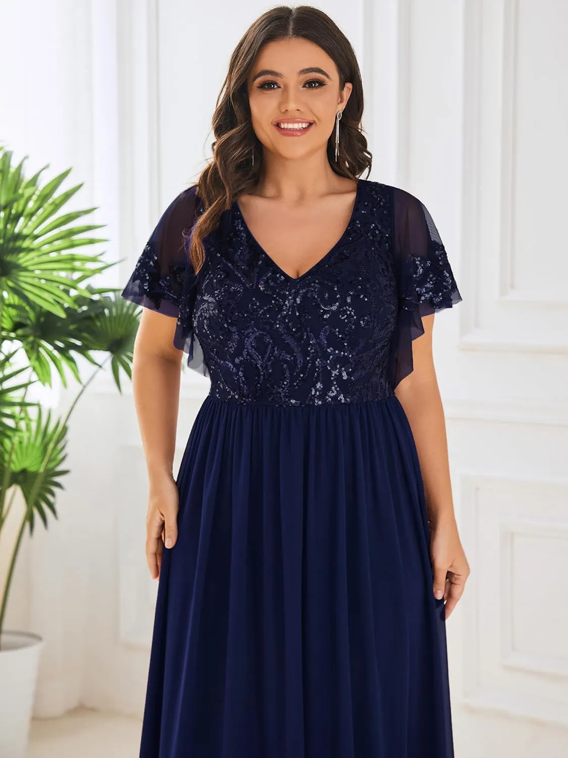 Ever-Pretty Plus Women's Sequin Chiffon Plus Size Short Sleeves Appliques Maxi Formal Mother of The Bride Dresses 01583-DA