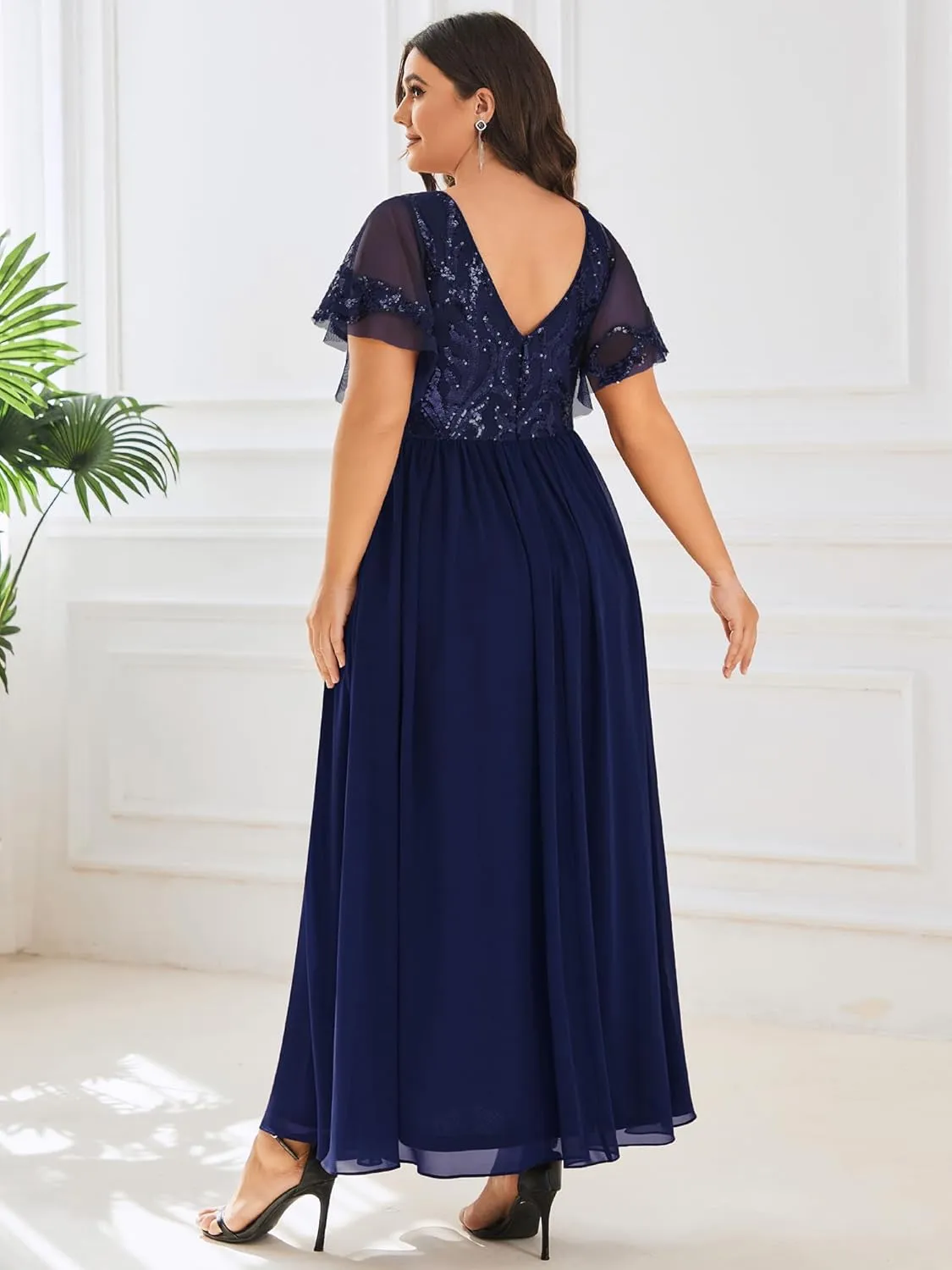 Ever-Pretty Plus Women's Sequin Chiffon Plus Size Short Sleeves Appliques Maxi Formal Mother of The Bride Dresses 01583-DA