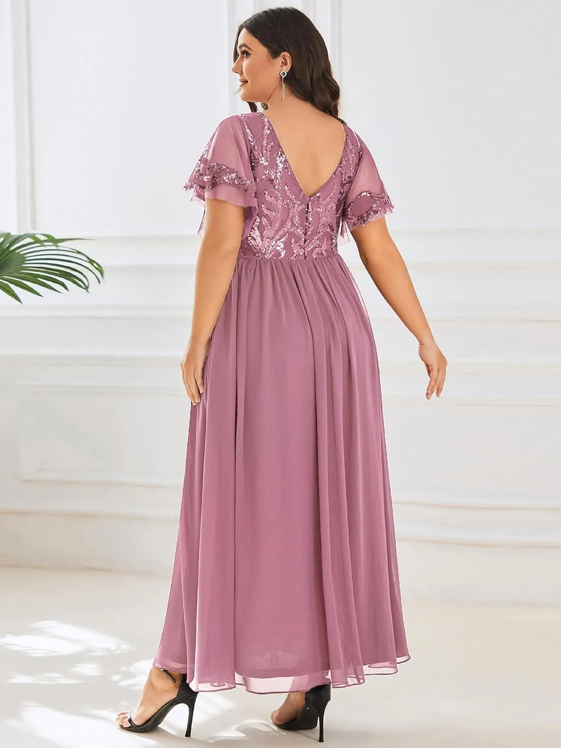 Ever-Pretty Plus Women's Sequin Chiffon Plus Size Short Sleeves Appliques Maxi Formal Mother of The Bride Dresses 01583-DA