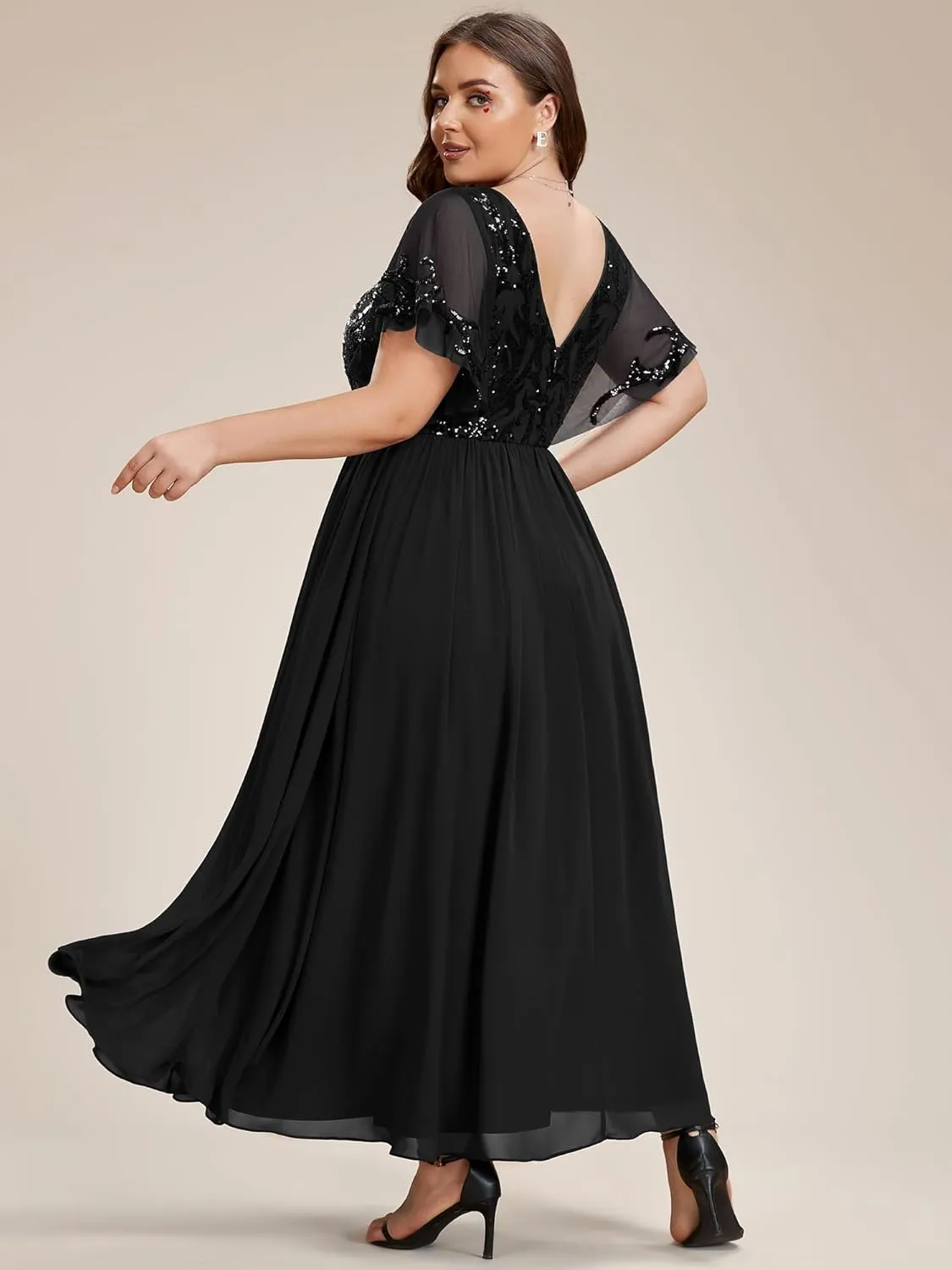 Ever-Pretty Plus Women's Sequin Chiffon Plus Size Short Sleeves Appliques Maxi Formal Mother of The Bride Dresses 01583-DA