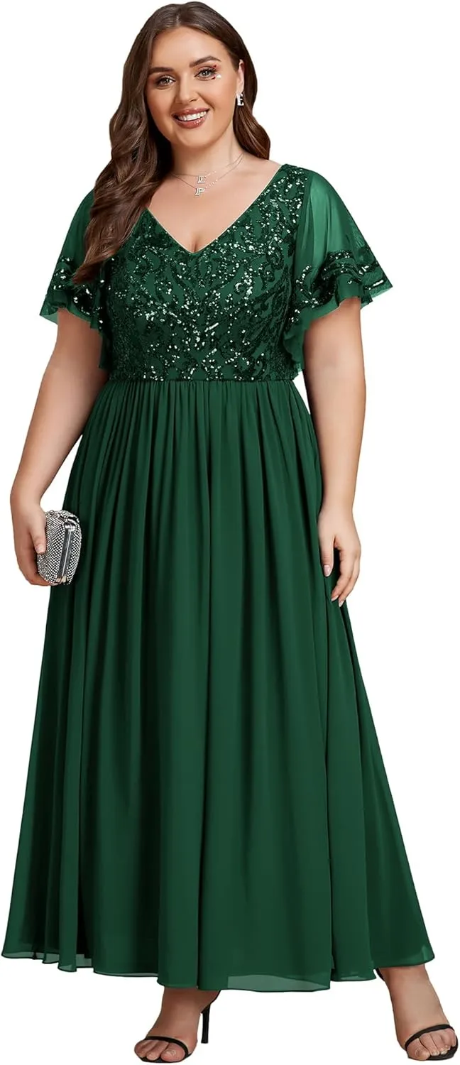 Ever-Pretty Plus Women's Sequin Chiffon Plus Size Short Sleeves Appliques Maxi Formal Mother of The Bride Dresses 01583-DA