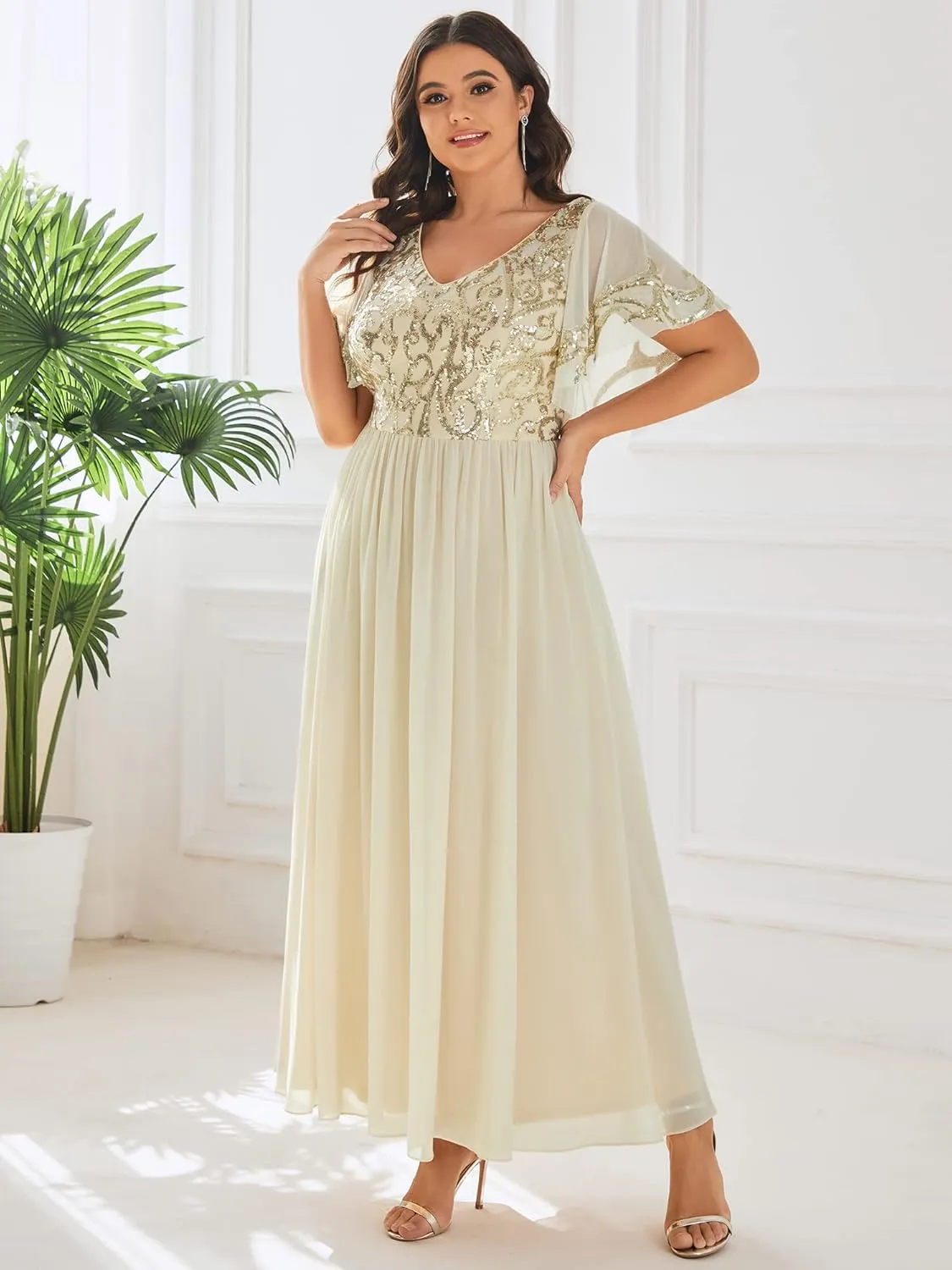 Ever-Pretty Plus Women's Sequin Chiffon Plus Size Short Sleeves Appliques Maxi Formal Mother of The Bride Dresses 01583-DA