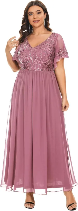 Ever-Pretty Plus Women's Sequin Chiffon Plus Size Short Sleeves Appliques Maxi Formal Mother of The Bride Dresses 01583-DA