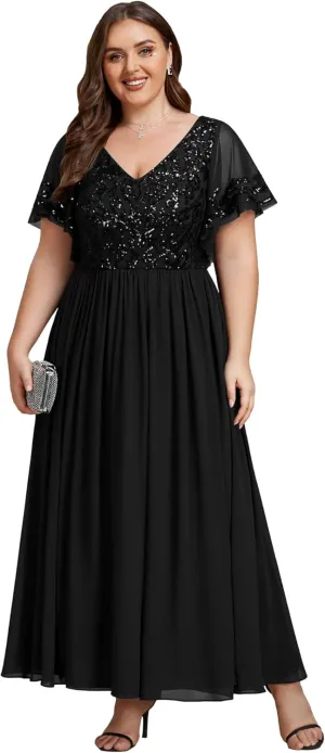 Ever-Pretty Plus Women's Sequin Chiffon Plus Size Short Sleeves Appliques Maxi Formal Mother of The Bride Dresses 01583-DA