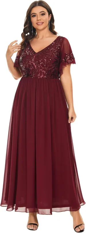 Ever-Pretty Plus Women's Sequin Chiffon Plus Size Short Sleeves Appliques Maxi Formal Mother of The Bride Dresses 01583-DA